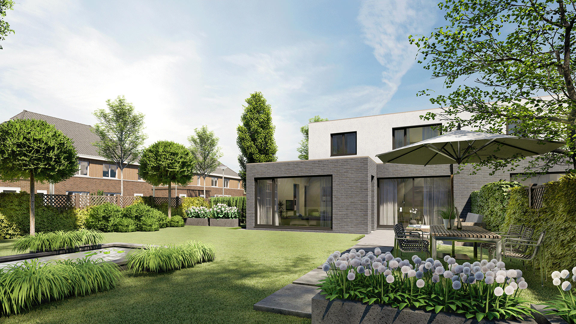 Exterior 3D renderings of a freestanding villa in a residential area
